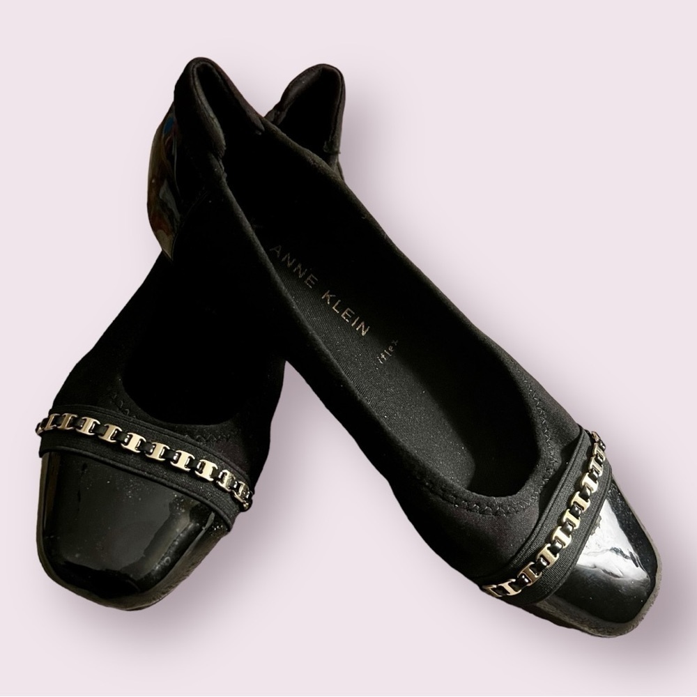 Ann Klein Iflex Black Ballet Flats Gold Accents Patent Leather Toe Size 8.5